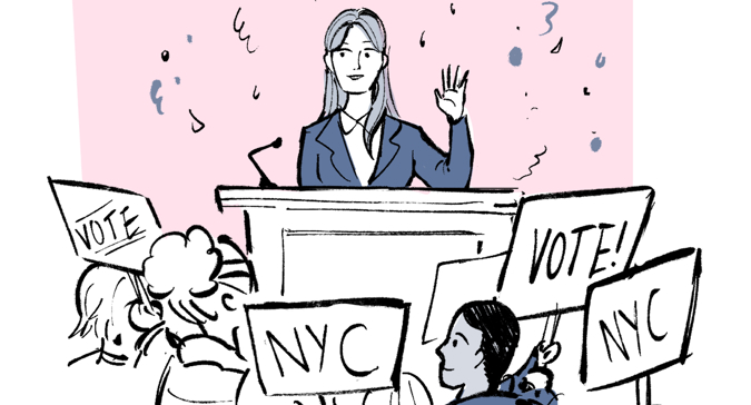 A female candidate at a podium