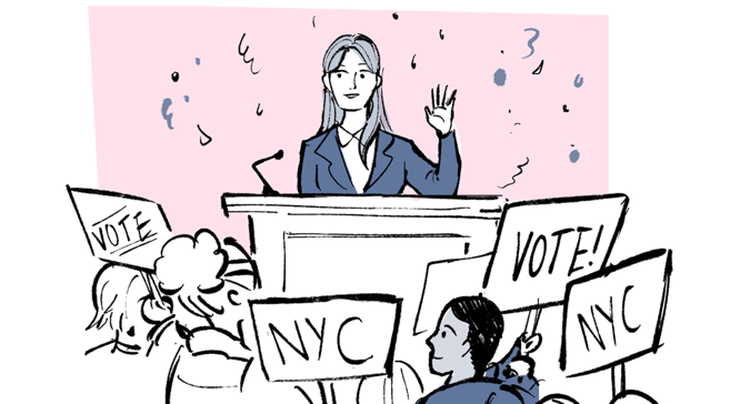 Female candidate at podium. Your donation gives more candidates a chance to win!