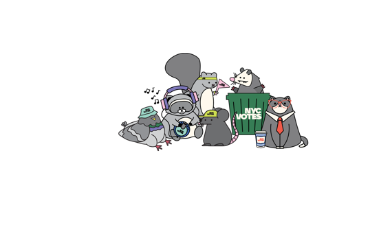 a group of cartoon animals with 'nycvotes' branded gear